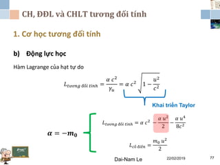 CH, ĐĐL và CHLT tương đối tính
1. Cơ học tương đối tính
Dai-Nam Le 22/02/2019 77
b) Động lực học
Hàm Lagrange của hạt tự do
𝐿 𝑡ươ𝑛𝑔 đố𝑖 𝑡í𝑛ℎ =
𝛼 𝑐2
𝛾𝑢
= 𝛼 𝑐2 1 −
𝑢2
𝑐2
Khai triển Taylor
𝐿 𝑡ươ𝑛𝑔 đố𝑖 𝑡í𝑛ℎ = 𝛼 𝑐2 −
𝛼 𝑢2
2
−
𝛼 𝑢4
8𝑐2
𝐿 𝑐ổ đ𝑖ể𝑛 =
𝑚0 𝑢2
2
𝜶 = −𝒎 𝟎
 