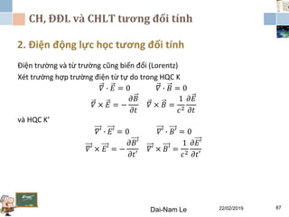 CH, ĐĐL và CHLT tương đối tính
2. Điện động lực học tương đối tính
Dai-Nam Le 22/02/2019 87
Điện trường và từ trường cũng biến đổi (Lorentz)
Xét trường hợp trường điện từ tự do trong HQC K
𝛻 ∙ 𝐸 = 0 𝛻 ∙ 𝐵 = 0
𝛻 × 𝐸 = −
𝜕𝐵
𝜕𝑡
𝛻 × 𝐵 =
1
𝑐2
𝜕𝐸
𝜕𝑡
và HQC K’
𝛻′ ∙ 𝐸′ = 0 𝛻′ ∙ 𝐵′ = 0
𝛻′ × 𝐸′ = −
𝜕𝐵′
𝜕𝑡′
𝛻′ × 𝐵′ =
1
𝑐2
𝜕𝐸′
𝜕𝑡′
 