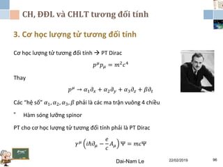 CH, ĐĐL và CHLT tương đối tính
3. Cơ học lượng tử tương đối tính
Dai-Nam Le 22/02/2019 96
Cơ học lượng tử tương đối tính  PT Dirac
𝑝 𝜇 𝑝 𝜇 = 𝑚2 𝑐4
Thay
𝑝 𝜇 → 𝛼1 𝜕 𝑥 + 𝛼2 𝜕 𝑦 + 𝛼3 𝜕𝑧 + 𝛽𝜕𝑡
Các “hệ số” 𝛼1, 𝛼2, 𝛼3, 𝛽 phải là các ma trận vuông 4 chiều
” Hàm sóng lưỡng spinor
PT cho cơ học lượng tử tương đối tính phải là PT Dirac
𝛾 𝜇 𝑖ℏ𝜕𝜇 −
𝑒
𝑐
𝐴 𝜇 Ψ = 𝑚𝑐Ψ
 