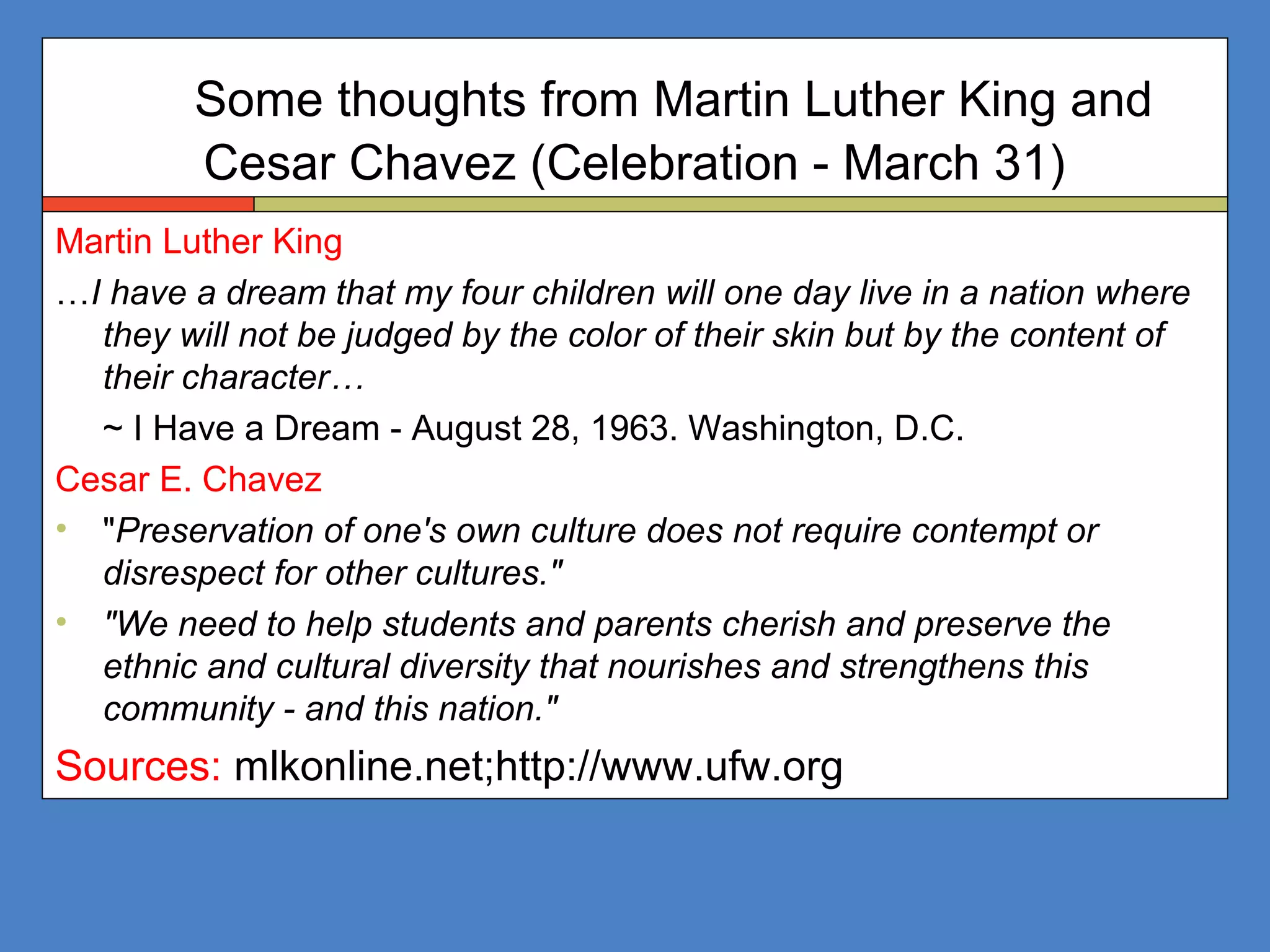 Some thoughts from Martin Luther King and
Cesar Chavez (Celebration - March 31)
Martin Luther King
…I have a dream that my four children will one day live in a nation where
they will not be judged by the color of their skin but by the content of
their character…
~ I Have a Dream - August 28, 1963. Washington, D.C.
Cesar E. Chavez
• "Preservation of one's own culture does not require contempt or
disrespect for other cultures."
• "We need to help students and parents cherish and preserve the
ethnic and cultural diversity that nourishes and strengthens this
community - and this nation."
Sources: mlkonline.net;http://www.ufw.org
 