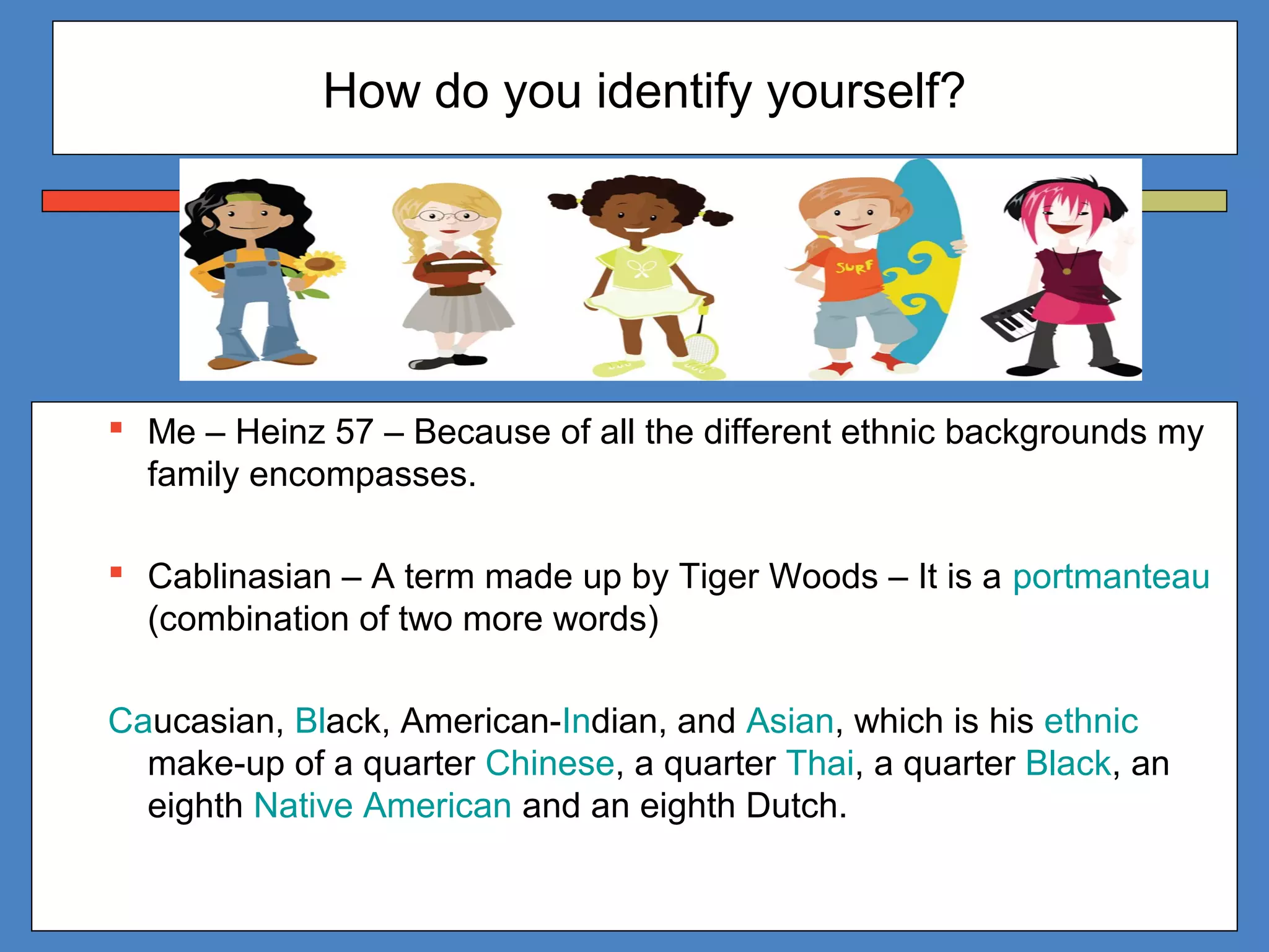 How do you identify yourself?
 Me – Heinz 57 – Because of all the different ethnic backgrounds my
family encompasses.
 Cablinasian – A term made up by Tiger Woods – It is a portmanteau
(combination of two more words)
Caucasian, Black, American-Indian, and Asian, which is his ethnic
make-up of a quarter Chinese, a quarter Thai, a quarter Black, an
eighth Native American and an eighth Dutch.
 