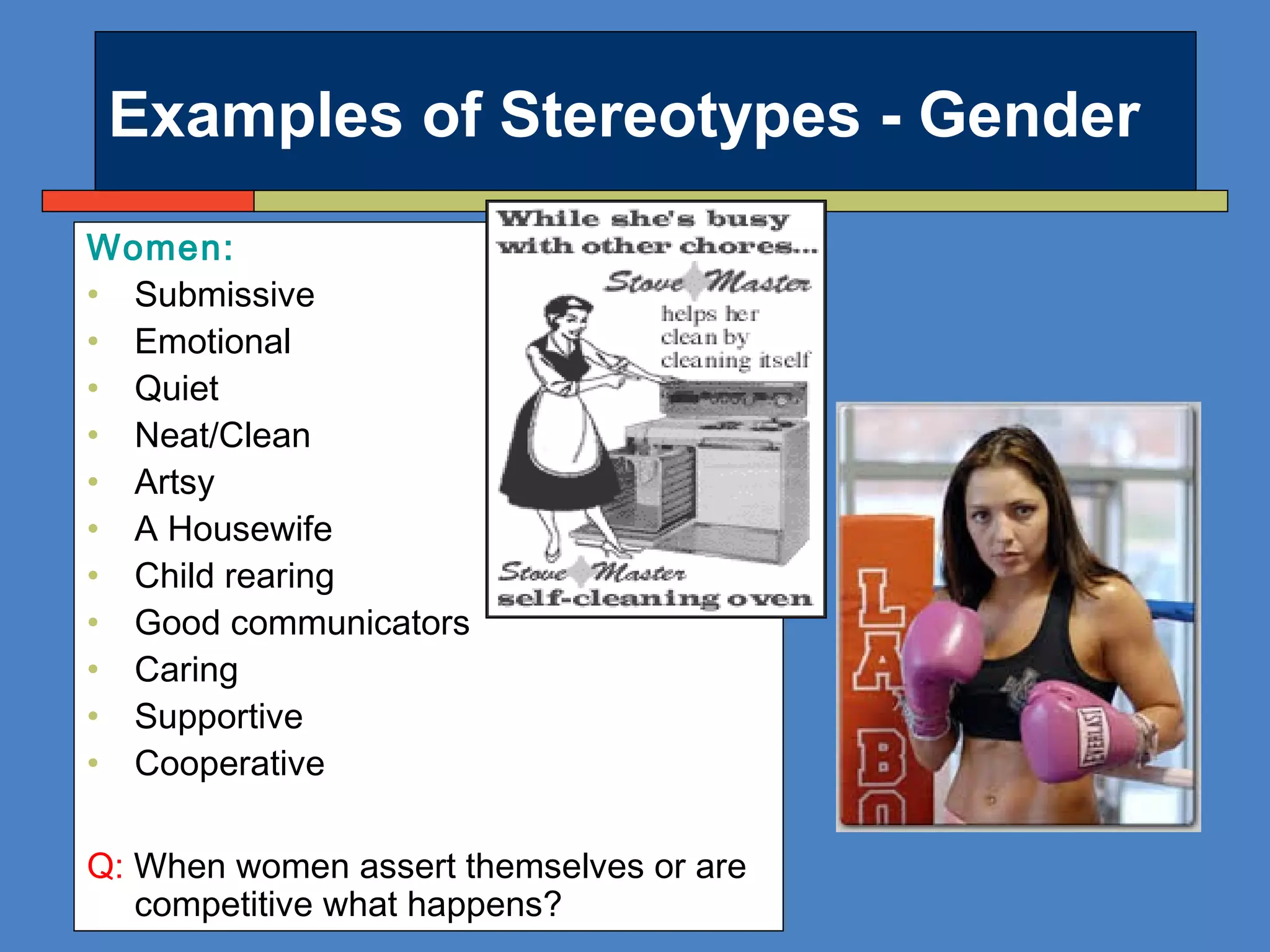 Examples of Stereotypes - Gender
Women:
• Submissive
• Emotional
• Quiet
• Neat/Clean
• Artsy
• A Housewife
• Child rearing
• Good communicators
• Caring
• Supportive
• Cooperative
Q: When women assert themselves or are
competitive what happens?
 