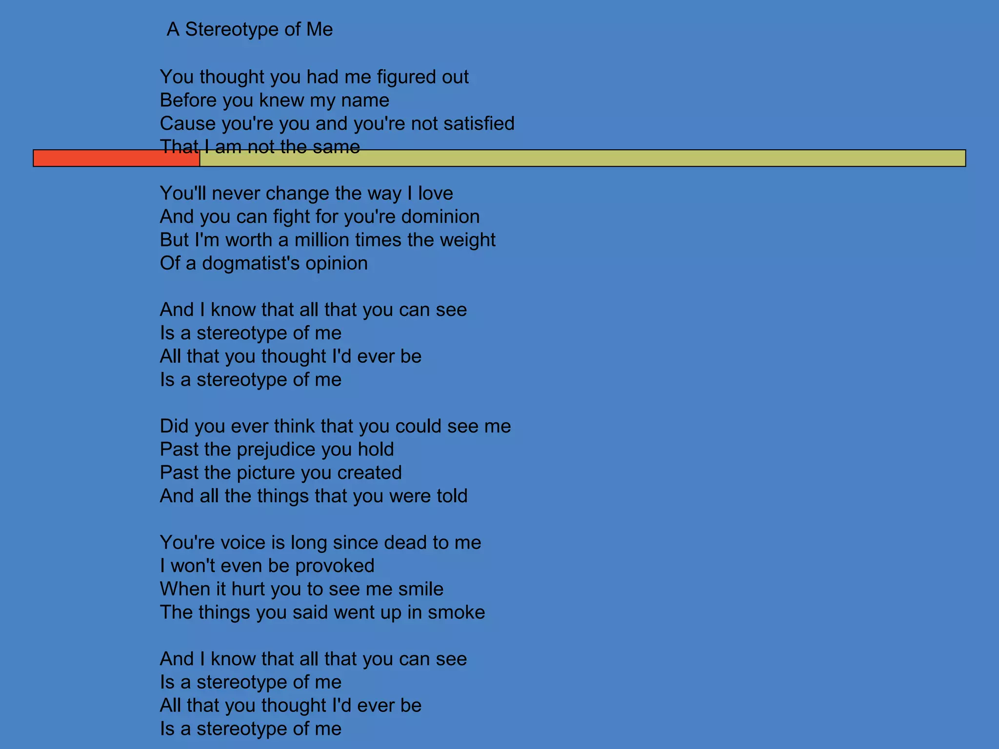 A Stereotype of Me
You thought you had me figured out
Before you knew my name
Cause you're you and you're not satisfied
That I am not the same
You'll never change the way I love
And you can fight for you're dominion
But I'm worth a million times the weight
Of a dogmatist's opinion
And I know that all that you can see
Is a stereotype of me
All that you thought I'd ever be
Is a stereotype of me
Did you ever think that you could see me
Past the prejudice you hold
Past the picture you created
And all the things that you were told
You're voice is long since dead to me
I won't even be provoked
When it hurt you to see me smile
The things you said went up in smoke
And I know that all that you can see
Is a stereotype of me
All that you thought I'd ever be
Is a stereotype of me
 