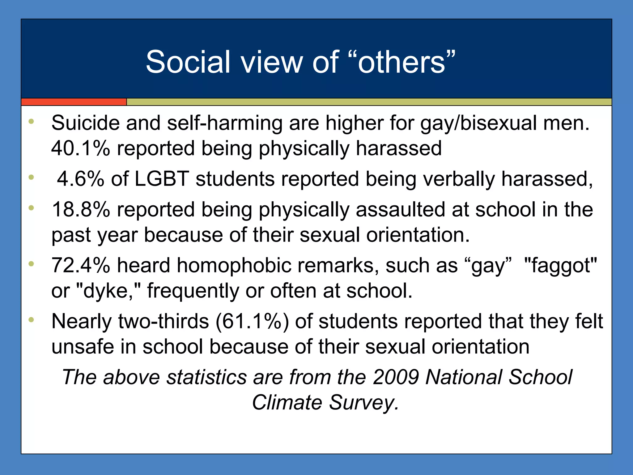 • Suicide and self-harming are higher for gay/bisexual men.
40.1% reported being physically harassed
• 4.6% of LGBT students reported being verbally harassed,
• 18.8% reported being physically assaulted at school in the
past year because of their sexual orientation.
• 72.4% heard homophobic remarks, such as “gay” "faggot"
or "dyke," frequently or often at school.
• Nearly two-thirds (61.1%) of students reported that they felt
unsafe in school because of their sexual orientation
The above statistics are from the 2009 National School
Climate Survey.
Social view of “others”
 