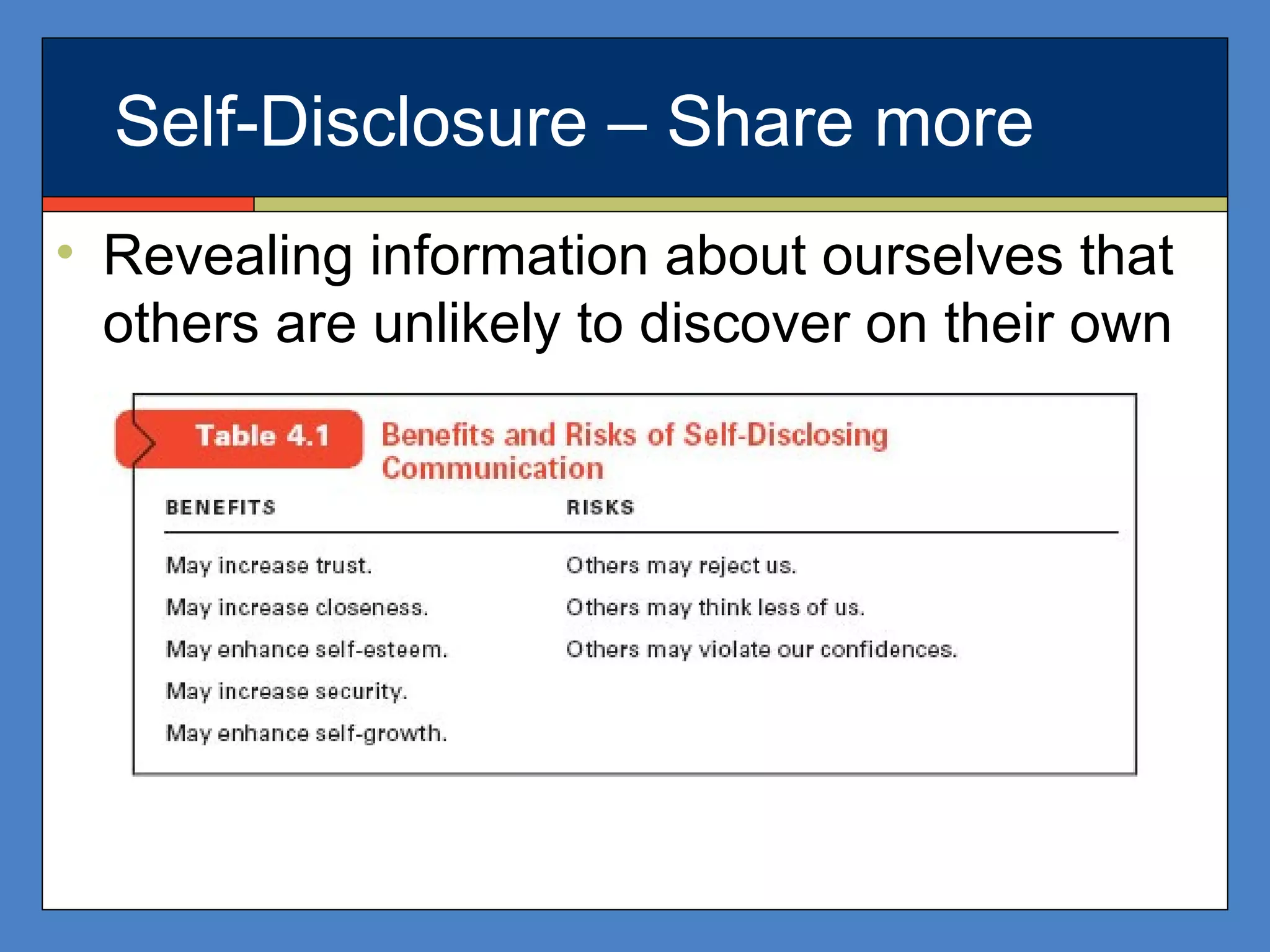 Self-Disclosure – Share more
• Revealing information about ourselves that
others are unlikely to discover on their own
 