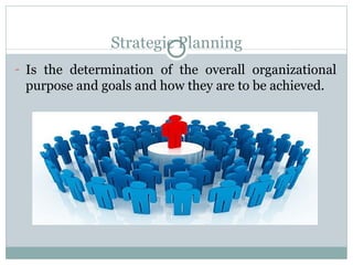 Strategic Planning Is the determination of the overall organizational purpose and goals and how they are to be achieved. 