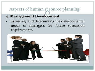 Aspects of human resource planning: 4. Management Development - assessing  and determining the developmental needs of managers for future succession requirements. 