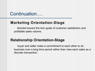 Continuation…. <ul><li>Marketing Orientation-Stage </li></ul><ul><li>directed toward the twin goals of customer satisfacti...