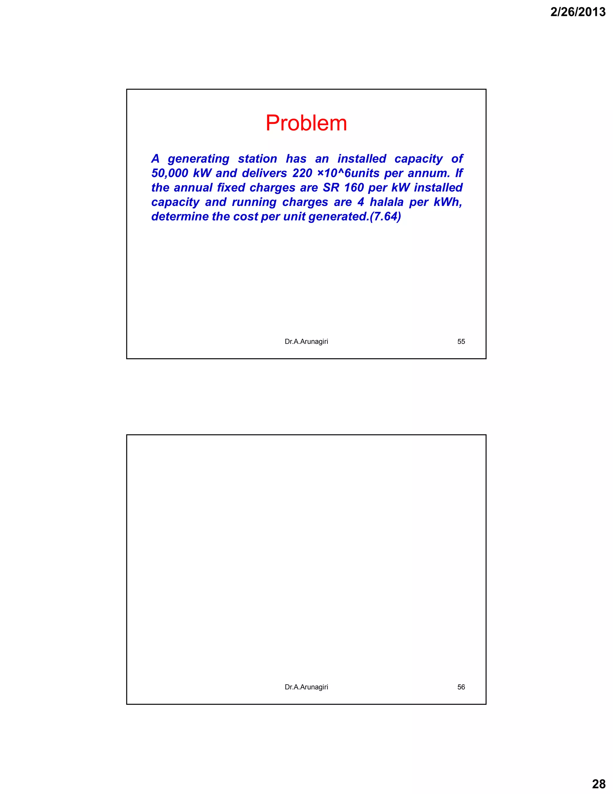 2/26/2013
28
Problem
Dr.A.Arunagiri 55
A generating station has an installed capacity of
50,000 kW and delivers 220 ×10^6units per annum. If
the annual fixed charges are SR 160 per kW installed
capacity and running charges are 4 halala per kWh,
determine the cost per unit generated.(7.64)
Dr.A.Arunagiri 56
 