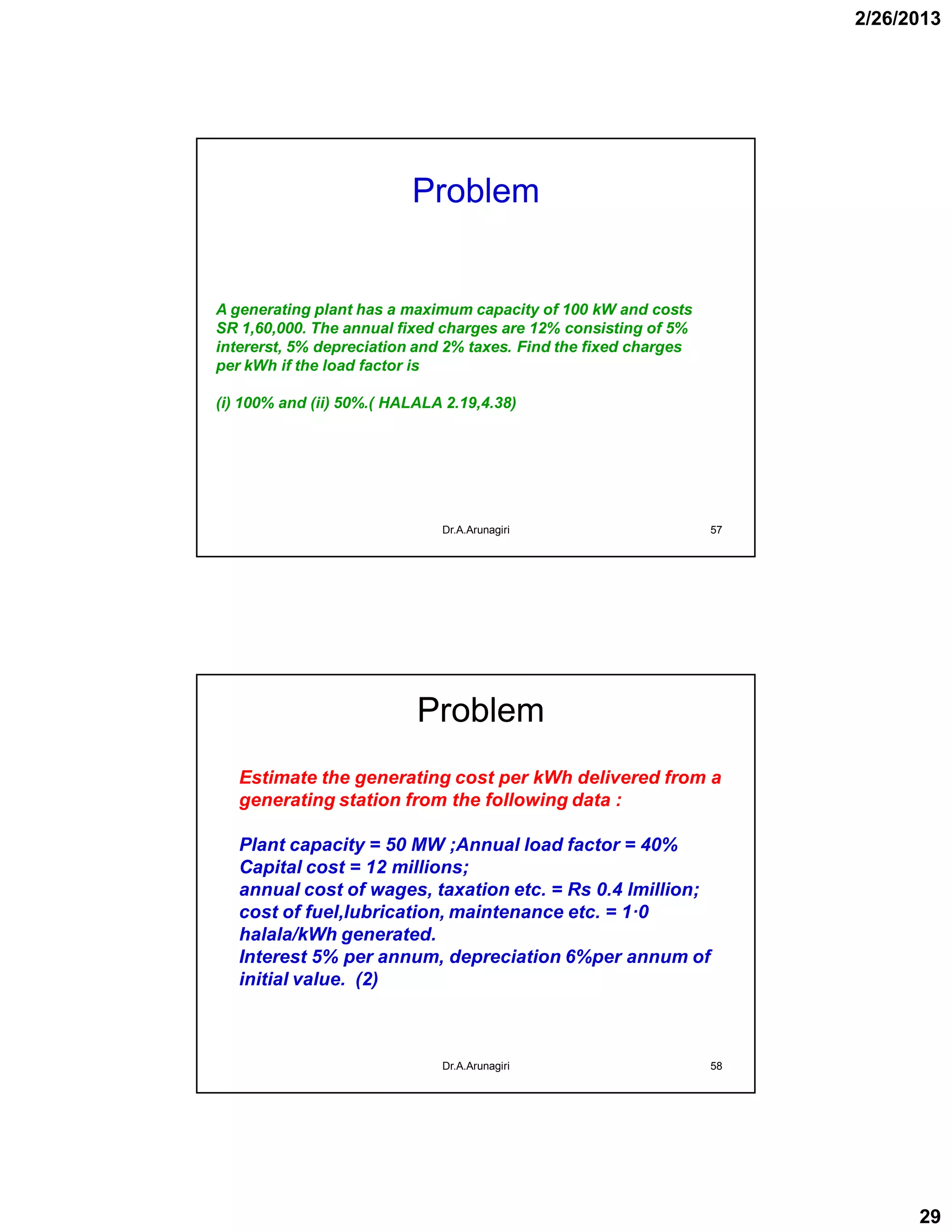 2/26/2013
29
Problem
Dr.A.Arunagiri 57
A generating plant has a maximum capacity of 100 kW and costs
SR 1,60,000. The annual fixed charges are 12% consisting of 5%
intererst, 5% depreciation and 2% taxes. Find the fixed charges
per kWh if the load factor is
(i) 100% and (ii) 50%.( HALALA 2.19,4.38)
Problem
Dr.A.Arunagiri 58
Estimate the generating cost per kWh delivered from a
generating station from the following data :
Plant capacity = 50 MW ;Annual load factor = 40%
Capital cost = 12 millions;
annual cost of wages, taxation etc. = Rs 0.4 lmillion;
cost of fuel,lubrication, maintenance etc. = 1·0
halala/kWh generated.
Interest 5% per annum, depreciation 6%per annum of
initial value. (2)
 