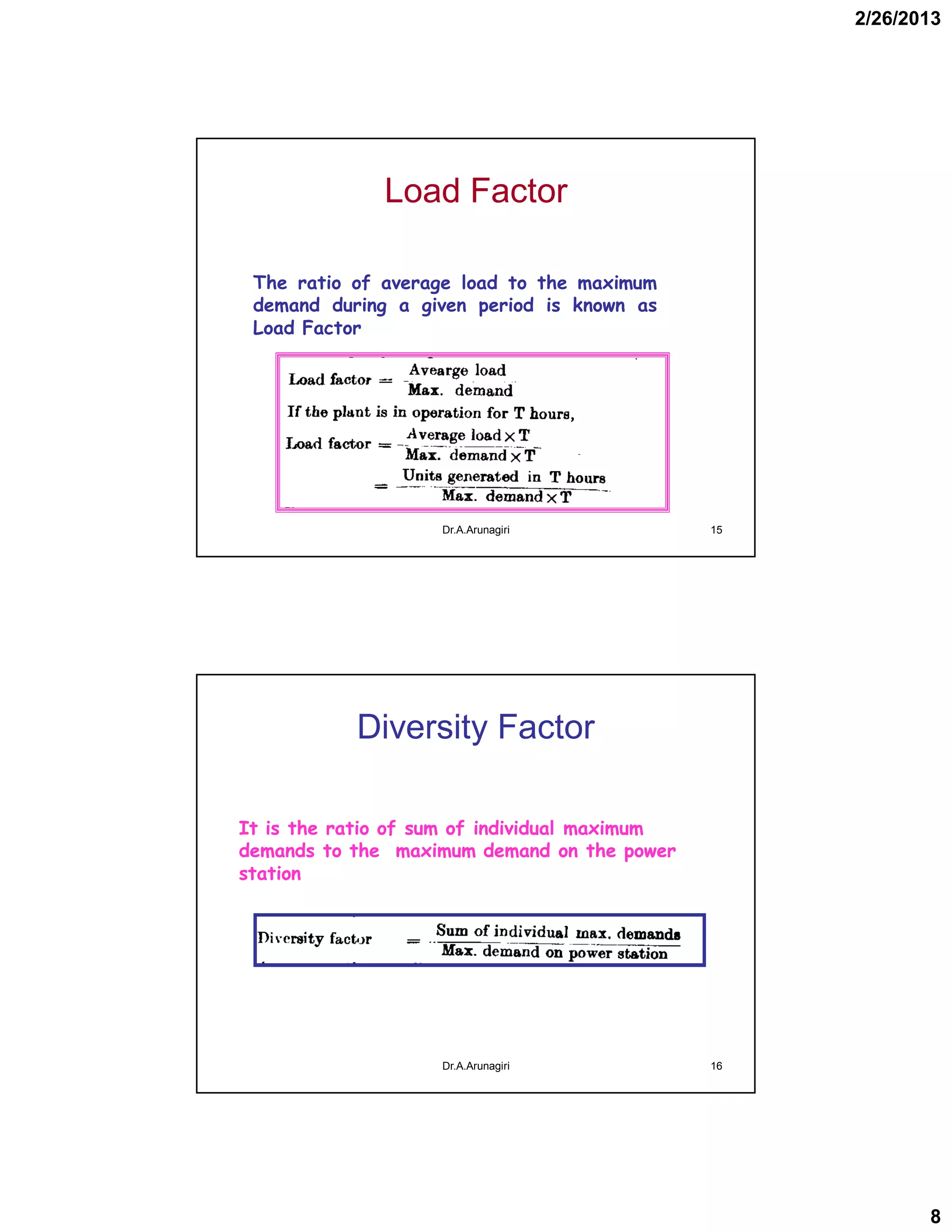 2/26/2013
8
Load Factor
The ratio of average load to the maximum
demand during a given period is known as
Load Factor
15Dr.A.Arunagiri
Diversity Factor
It is the ratio of sum of individual maximumIt is the ratio of sum of individual maximum
demands to the maximum demand on the powerdemands to the maximum demand on the power
stationstation
16Dr.A.Arunagiri
 