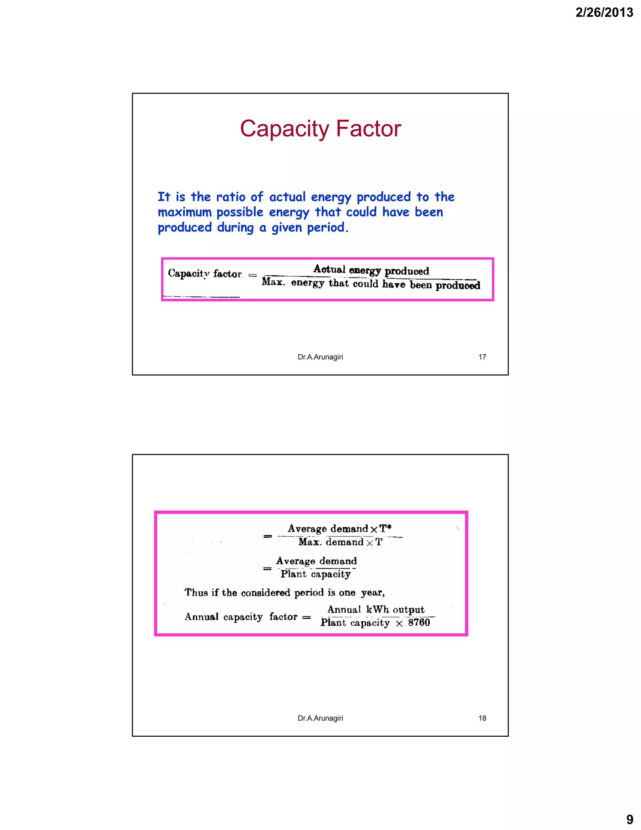 2/26/2013
9
Capacity Factor
It is the ratio of actual energy produced to the
maximum possible energy that could have been
produced during a given period.
17Dr.A.Arunagiri
18Dr.A.Arunagiri
 
