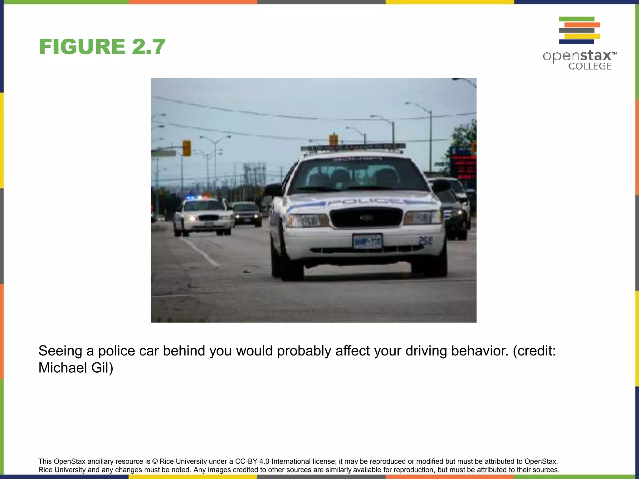 This OpenStax ancillary resource is © Rice University under a CC-BY 4.0 International license; it may be reproduced or modified but must be attributed to OpenStax,
Rice University and any changes must be noted. Any images credited to other sources are similarly available for reproduction, but must be attributed to their sources.
Seeing a police car behind you would probably affect your driving behavior. (credit:
Michael Gil)
FIGURE 2.7
 