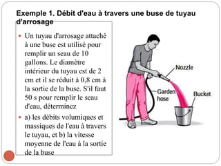 Exemple 1. Débit d'eau à travers une buse de tuyau
d'arrosage
 Un tuyau d'arrosage attaché
à une buse est utilisé pour
remplir un seau de 10
gallons. Le diamètre
intérieur du tuyau est de 2
cm et il se réduit à 0,8 cm à
la sortie de la buse. S'il faut
50 s pour remplir le seau
d'eau, déterminez
 a) les débits volumiques et
massiques de l'eau à travers
le tuyau, et b) la vitesse
moyenne de l'eau à la sortie
de la buse
 