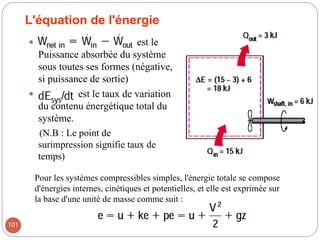 L'équation de l'énergie
 est le
Puissance absorbée du système
sous toutes ses formes (négative,
si puissance de sortie)
 est le taux de variation
du contenu énergétique total du
système.
(N.B : Le point de
surimpression signifie taux de
temps)
Pour les systèmes compressibles simples, l'énergie totale se compose
d'énergies internes, cinétiques et potentielles, et elle est exprimée sur
la base d'une unité de masse comme suit :
101
 