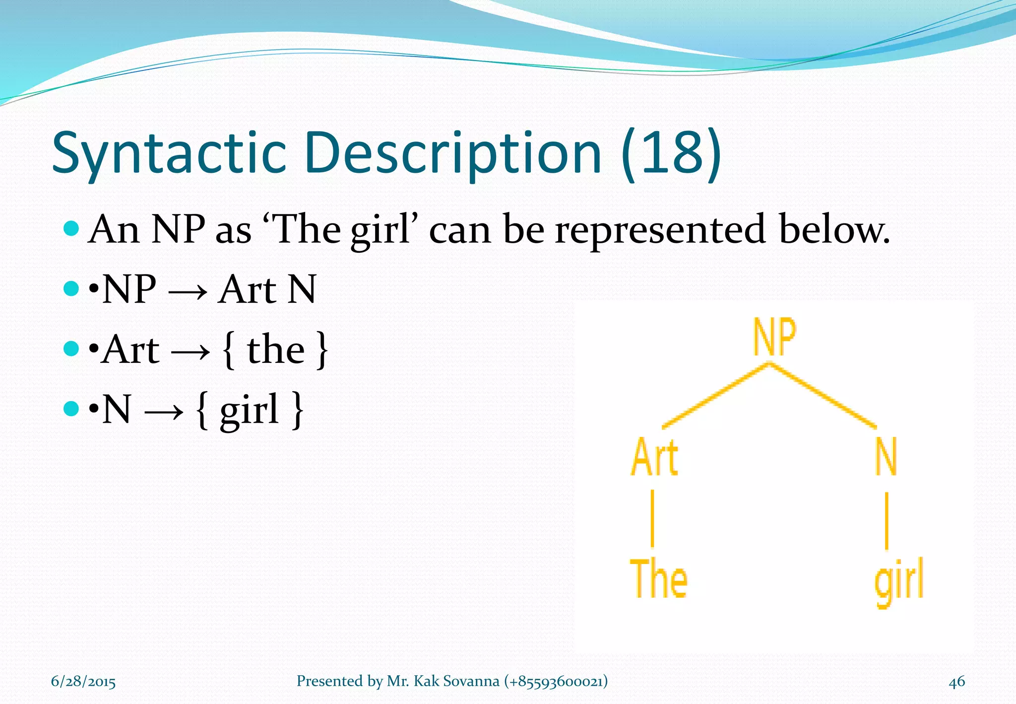 Syntactic Description (18)
 An NP as ‘The girl’ can be represented below.
 •NP → Art N
 •Art → { the }
 •N → { girl }
6/28/2015 Presented by Mr. Kak Sovanna (+85593600021) 46
 