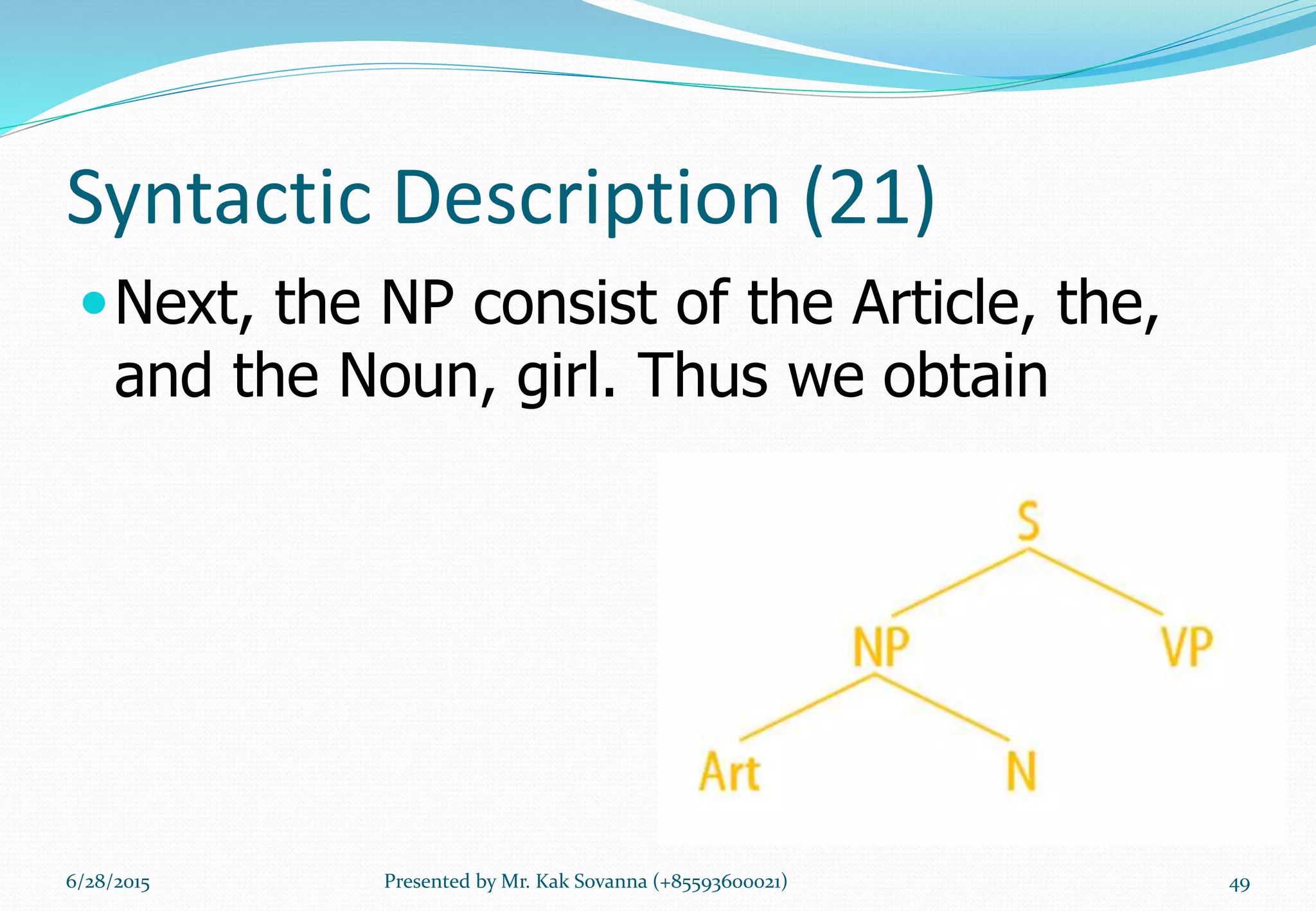 Syntactic Description (21)
Next, the NP consist of the Article, the,
and the Noun, girl. Thus we obtain
6/28/2015 Presented by Mr. Kak Sovanna (+85593600021) 49
 
