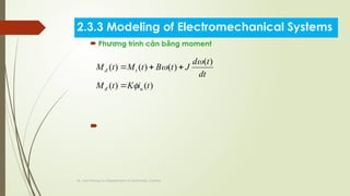Dr. Van-Phong Vu-Department of Automatic Control
 Ph ng trình cân b ng moment
ươ ằ

2.3.3 Modeling of Electromechanical Systems
)
(
)
(
)
(
)
(
)
(
)
(
t
i
K
t
M
dt
t
d
J
t
B
t
M
t
M
u
đ
t
đ







 