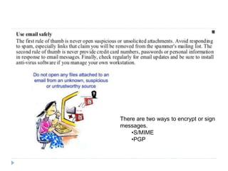 There are two ways to encrypt or sign
messages.
•S/MIME
•PGP
 