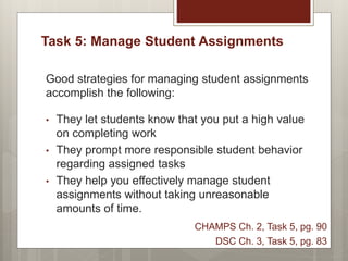 Task 5: Manage Student Assignments
Good strategies for managing student assignments
accomplish the following:
• They let students know that you put a high value
on completing work
• They prompt more responsible student behavior
regarding assigned tasks
• They help you effectively manage student
assignments without taking unreasonable
amounts of time.
CHAMPS Ch. 2, Task 5, pg. 90
DSC Ch. 3, Task 5, pg. 83
 