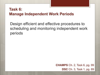 Task 6:
Manage Independent Work Periods
Design efficient and effective procedures to
scheduling and monitoring independent work
periods
CHAMPS Ch. 2, Task 6, pg. 99
DSC Ch. 3, Task 1, pg. 89
 