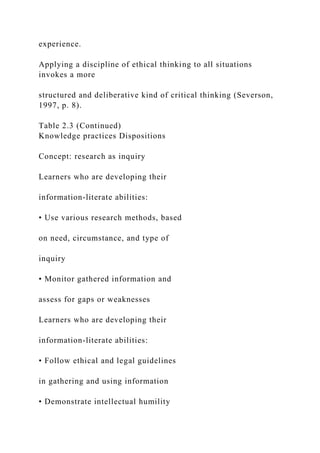 experience.
Applying a discipline of ethical thinking to all situations
invokes a more
structured and deliberative kind of critical thinking (Severson,
1997, p. 8).
Table 2.3 (Continued)
Knowledge practices Dispositions
Concept: research as inquiry
Learners who are developing their
information-literate abilities:
• Use various research methods, based
on need, circumstance, and type of
inquiry
• Monitor gathered information and
assess for gaps or weaknesses
Learners who are developing their
information-literate abilities:
• Follow ethical and legal guidelines
in gathering and using information
• Demonstrate intellectual humility
 