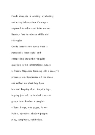 Guide students in locating, evaluating,
and using information. Concepts
approach to ethics and information
literacy that introduces skills and
strategies
Guide learners to choose what is
personally meaningful and
compelling about their inquiry
question in the information sources
6. Create Organize learning into a creative
presentation. Synthesize all the ideas
and reflect on what they have
learned. Inquiry chart, inquiry logs,
inquiry journal. Individual time and
group time. Product examples:
videos, blogs, web pages, Power
Points, speeches, shadow puppet
play, scrapbook, exhibition,
 