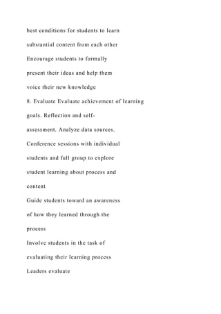 best conditions for students to learn
substantial content from each other
Encourage students to formally
present their ideas and help them
voice their new knowledge
8. Evaluate Evaluate achievement of learning
goals. Reflection and self-
assessment. Analyze data sources.
Conference sessions with individual
students and full group to explore
student learning about process and
content
Guide students toward an awareness
of how they learned through the
process
Involve students in the task of
evaluating their learning process
Leaders evaluate
 
