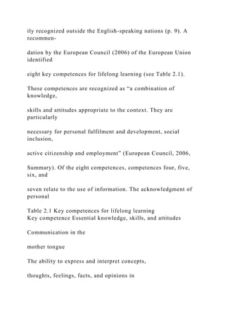 ily recognized outside the English-speaking nations (p. 9). A
recommen-
dation by the European Council (2006) of the European Union
identified
eight key competences for lifelong learning (see Table 2.1).
These competences are recognized as “a combination of
knowledge,
skills and attitudes appropriate to the context. They are
particularly
necessary for personal fulfilment and development, social
inclusion,
active citizenship and employment” (European Council, 2006,
Summary). Of the eight competences, competences four, five,
six, and
seven relate to the use of information. The acknowledgment of
personal
Table 2.1 Key competences for lifelong learning
Key competence Essential knowledge, skills, and attitudes
Communication in the
mother tongue
The ability to express and interpret concepts,
thoughts, feelings, facts, and opinions in
 