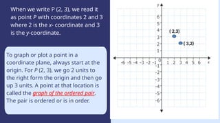 When we write P (2, 3), we read it
as point P with coordinates 2 and 3
where 2 is the x- coordinate and 3
is the y-coordinate.
To graph or plot a point in a
coordinate plane, always start at the
origin. For P (2, 3), we go 2 units to
the right form the origin and then go
up 3 units. A point at that location is
called the graph of the ordered pair.
The pair is ordered or is in order.
( 2,3)
( 3,2)
 