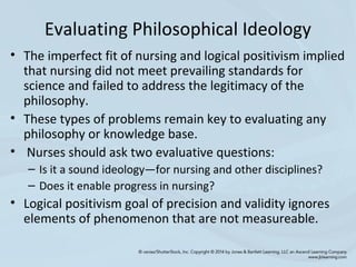 Evaluating Philosophical Ideology
• The imperfect fit of nursing and logical positivism implied
that nursing did not meet prevailing standards for
science and failed to address the legitimacy of the
philosophy.
• These types of problems remain key to evaluating any
philosophy or knowledge base.
• Nurses should ask two evaluative questions:
– Is it a sound ideology—for nursing and other disciplines?
– Does it enable progress in nursing?
• Logical positivism goal of precision and validity ignores
elements of phenomenon that are not measureable.
 