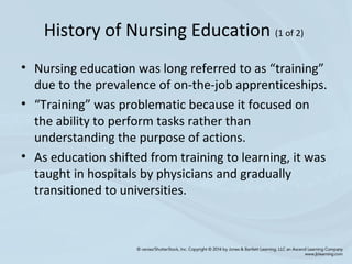 History of Nursing Education (1 of 2)
• Nursing education was long referred to as “training”
due to the prevalence of on-the-job apprenticeships.
• “Training” was problematic because it focused on
the ability to perform tasks rather than
understanding the purpose of actions.
• As education shifted from training to learning, it was
taught in hospitals by physicians and gradually
transitioned to universities.
 