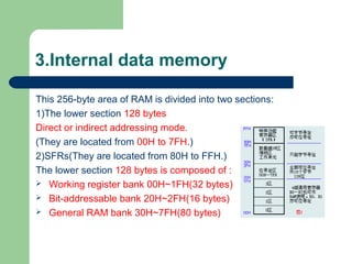 3.Internal data memory
This 256-byte area of RAM is divided into two sections:
1)The lower section 128 bytes
Direct or indirect addressing mode.
(They are located from 00H to 7FH.)
2)SFRs(They are located from 80H to FFH.)
The lower section 128 bytes is composed of :
 Working register bank 00H~1FH(32 bytes)
 Bit-addressable bank 20H~2FH(16 bytes)
 General RAM bank 30H~7FH(80 bytes)
 