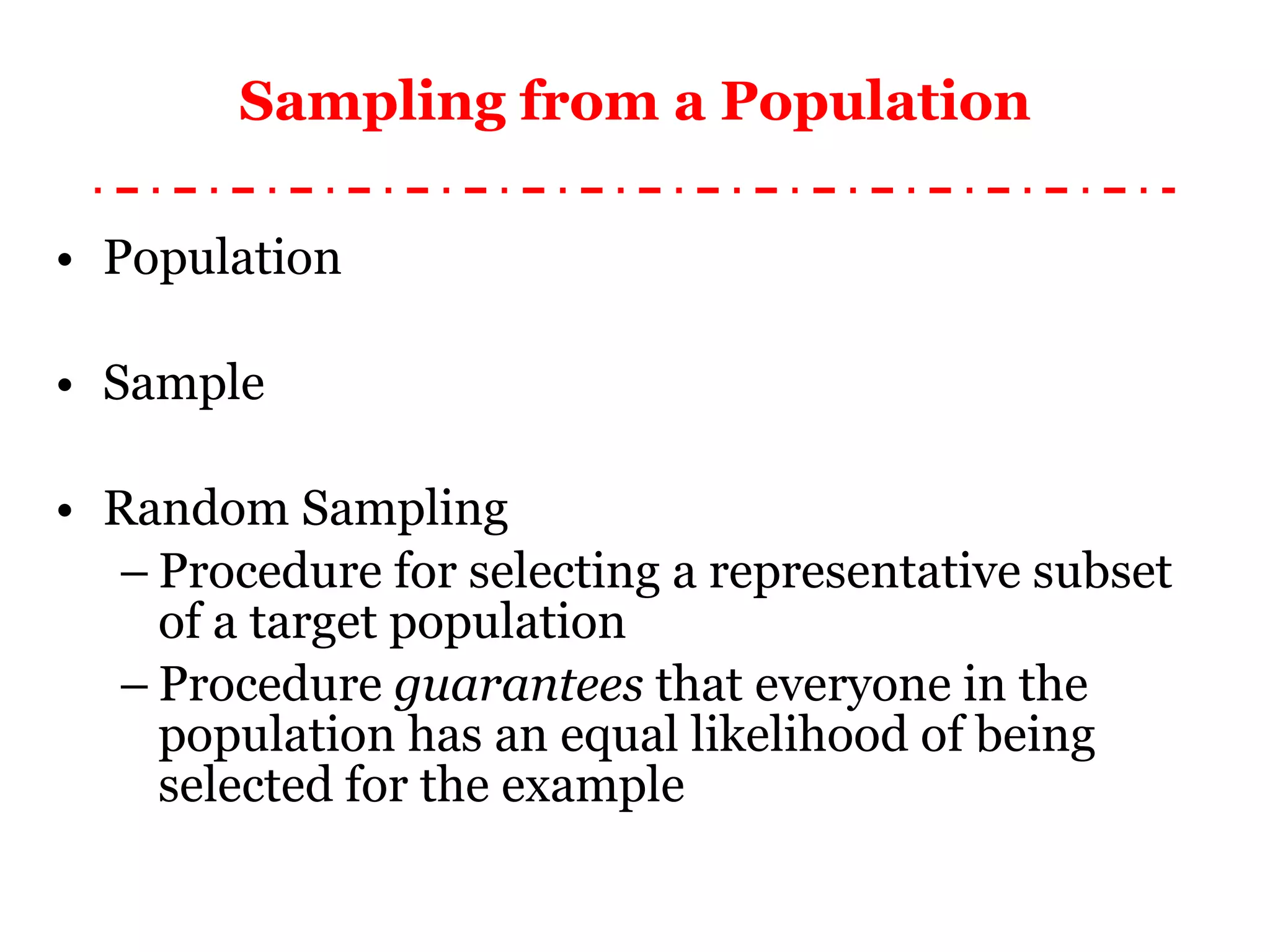 Sampling from a Population Population Sample Random Sampling Procedure for selecting a representative subset of a target population Procedure  guarantees  that everyone in the population has an equal likelihood of being selected for the example 