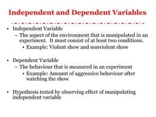 Independent and Dependent Variables Independent Variable The aspect of the environment that is manipulated in an experiment.  It must consist of at least two conditions. Example: Violent show and nonviolent show Dependent Variable The behaviour that is measured in an experiment Example: Amount of aggressive behaviour after watching the show Hypothesis tested by observing effect of manipulating independent variable 