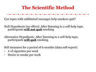 The Scientific Method Can tapes with subliminal messages help smokers quit? Null Hypothesis (no effect): After listening to a self-help tape, participants  will not quit  smoking Alternative Hypothesis: After listening to a self-help tape, participants  will quit  smoking Self measures for a period of 6-months (data:self-report) # of cigarettes per week Desire to smoke per week 