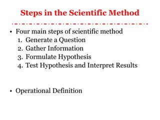 Steps in the Scientific Method Four main steps of scientific method Generate a Question Gather Information Formulate Hypothesis Test Hypothesis and Interpret Results Operational Definition 