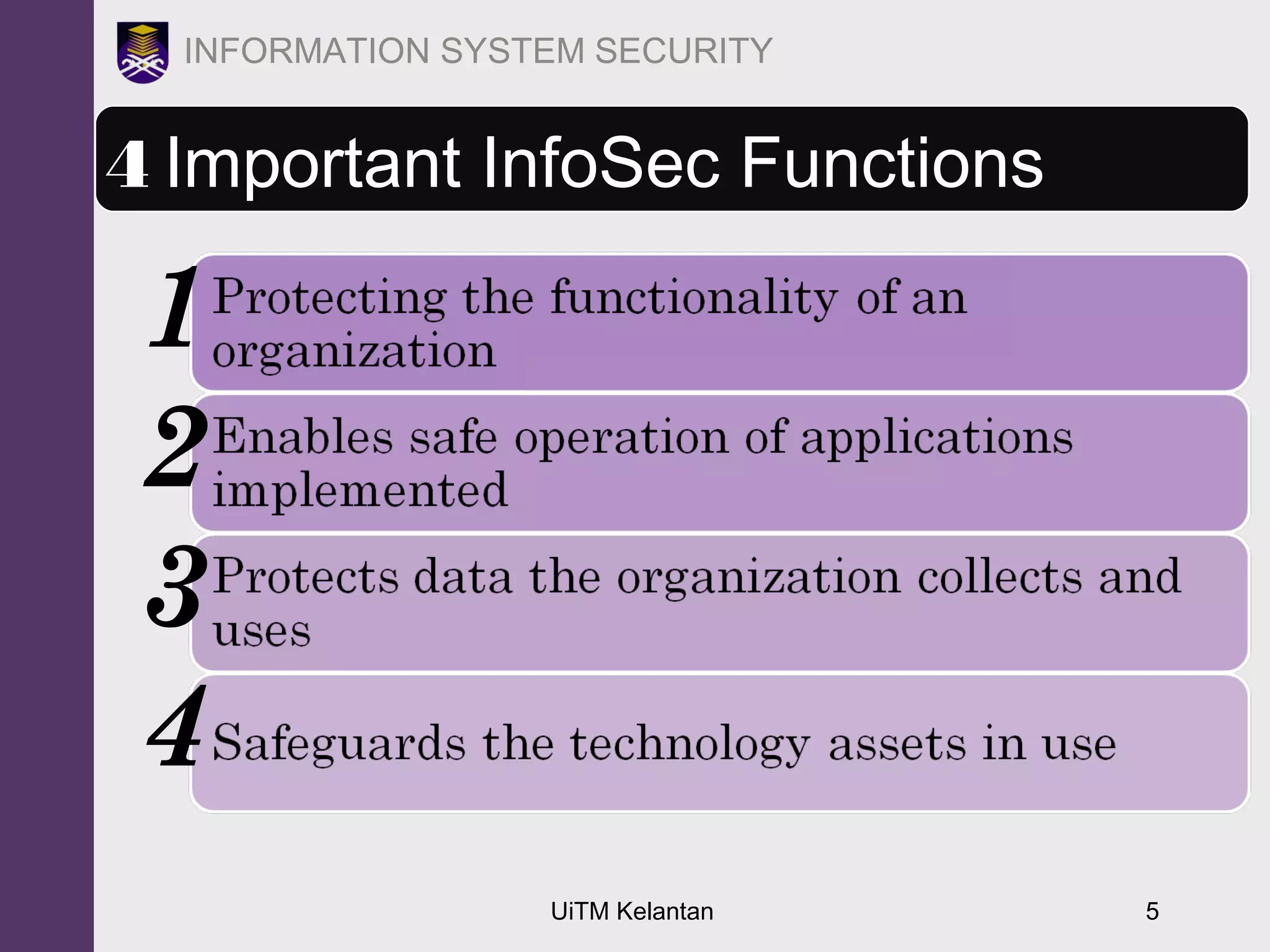 UiTM Kelantan 5
INFORMATION SYSTEM SECURITY
4 Important InfoSec Functions
1
2
3
4
 