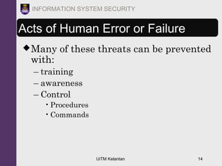 UiTM Kelantan 14
INFORMATION SYSTEM SECURITY
Acts of Human Error or Failure
Many of these threats can be prevented
with:
– training
– awareness
– Control
•Procedures
•Commands
 
