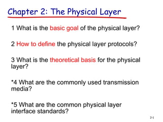 Chapter 2: The Physical Layer
1 What is the basic goal of the physical layer?
2 How to define the physical layer protocols?
3 What is the theoretical basis for the physical
layer?
*4 What are the commonly used transmission
media?
*5 What are the common physical layer
interface standards?
2-1
 