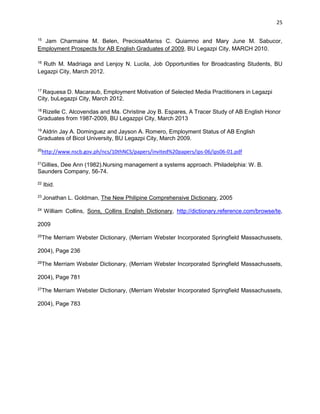 25
15
Jam Charmaine M. Belen, PreciosaMariss C. Quiamno and Mary June M. Sabucor,
Employment Prospects for AB English Graduates of 2009, BU Legazpi City, MARCH 2010.
16
Ruth M. Madriaga and Lenjoy N. Lucila, Job Opportunities for Broadcasting Students, BU
Legazpi City, March 2012.
17
Raquesa D. Macaraub, Employment Motivation of Selected Media Practitioners in Legazpi
City, buLegazpi City, March 2012.
18
Rizelle C. Alcovendas and Ma. Christine Joy B. Espares, A Tracer Study of AB English Honor
Graduates from 1987-2009, BU Legazppi City, March 2013
19
Aldrin Jay A. Dominguez and Jayson A. Romero, Employment Status of AB English
Graduates of Bicol University, BU Legazpi City, March 2009.
20
http://www.nscb.gov.ph/ncs/10thNCS/papers/invited%20papers/ips-06/ips06-01.pdf
21
Gillies, Dee Ann (1982).Nursing management a systems approach. Philadelphia: W. B.
Saunders Company, 56-74.
22
Ibid.
23
Jonathan L. Goldman, The New Philipine Comprehensive Dictionary, 2005
24
William Collins, Sons, Collins English Dictionary, http://dictionary.reference.com/browse/te,
2009
25
The Merriam Webster Dictionary, (Merriam Webster Incorporated Springfield Massachussets,
2004), Page 236
26
The Merriam Webster Dictionary, (Merriam Webster Incorporated Springfield Massachussets,
2004), Page 781
27
The Merriam Webster Dictionary, (Merriam Webster Incorporated Springfield Massachussets,
2004), Page 783
 
