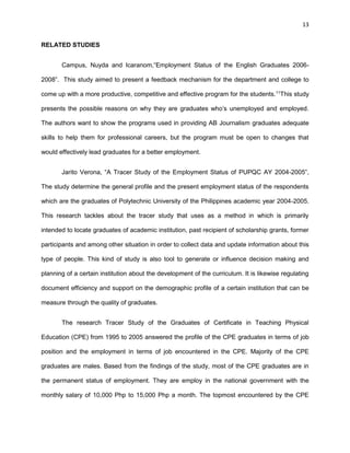 13
RELATED STUDIES
Campus, Nuyda and Icaranom,“Employment Status of the English Graduates 2006-
2008”. This study aimed to present a feedback mechanism for the department and college to
come up with a more productive, competitive and effective program for the students.11
This study
presents the possible reasons on why they are graduates who’s unemployed and employed.
The authors want to show the programs used in providing AB Journalism graduates adequate
skills to help them for professional careers, but the program must be open to changes that
would effectively lead graduates for a better employment.
Jarito Verona, “A Tracer Study of the Employment Status of PUPQC AY 2004-2005”,
The study determine the general profile and the present employment status of the respondents
which are the graduates of Polytechnic University of the Philippines academic year 2004-2005.
This research tackles about the tracer study that uses as a method in which is primarily
intended to locate graduates of academic institution, past recipient of scholarship grants, former
participants and among other situation in order to collect data and update information about this
type of people. This kind of study is also tool to generate or influence decision making and
planning of a certain institution about the development of the curriculum. It is likewise regulating
document efficiency and support on the demographic profile of a certain institution that can be
measure through the quality of graduates.
The research Tracer Study of the Graduates of Certificate in Teaching Physical
Education (CPE) from 1995 to 2005 answered the profile of the CPE graduates in terms of job
position and the employment in terms of job encountered in the CPE. Majority of the CPE
graduates are males. Based from the findings of the study, most of the CPE graduates are in
the permanent status of employment. They are employ in the national government with the
monthly salary of 10,000 Php to 15,000 Php a month. The topmost encountered by the CPE
 