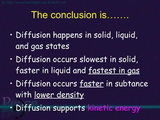 The conclusion is……. Diffusion happens in solid, liquid, and gas states Diffusion occurs slowest in solid, faster in liquid and  fastest in gas Diffusion occurs  faster  in subtance with  lower density Diffusion supports  kinetic energy 