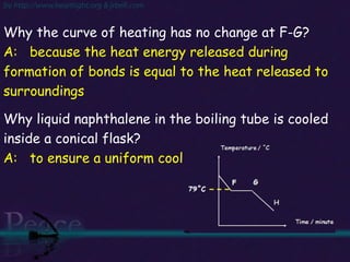 Why the curve of heating has no change at F-G? A:  because the heat energy released during formation of bonds is equal to the heat released to surroundings Why liquid naphthalene in the boiling tube is cooled inside a conical flask? A:  to ensure a uniform cooling 