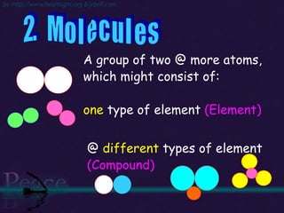 A group of two @ more atoms,  which might consist of: one  type  of element  (Element) @  different  types of element (Compound) 2.  M o l e c u l e s 