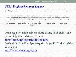 URL_Uniform Resource Locator
Ví dụ:
Chương 2: Tổng quan về hệ thống Web 28
Danh sách tên miền cấp cao dùng chung là tổ chức quản
lý trực tiếp tham khảo tại địa chỉ:
http://icann.org/registries/listing.html
Danh sách tên miền cấp cao quốc gia (ccTLD) tham khảo
tại địa chỉ:
http://www.icann.org/cctlds
 