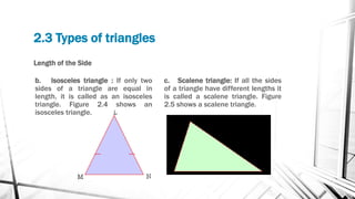 Length of the Side
b. Isosceles triangle : If only two
sides of a triangle are equal in
length, it is called as an isosceles
triangle. Figure 2.4 shows an
isosceles triangle.
c. Scalene triangle: If all the sides
of a triangle have different lengths it
is called a scalene triangle. Figure
2.5 shows a scalene triangle.
2.3 Types of triangles
 