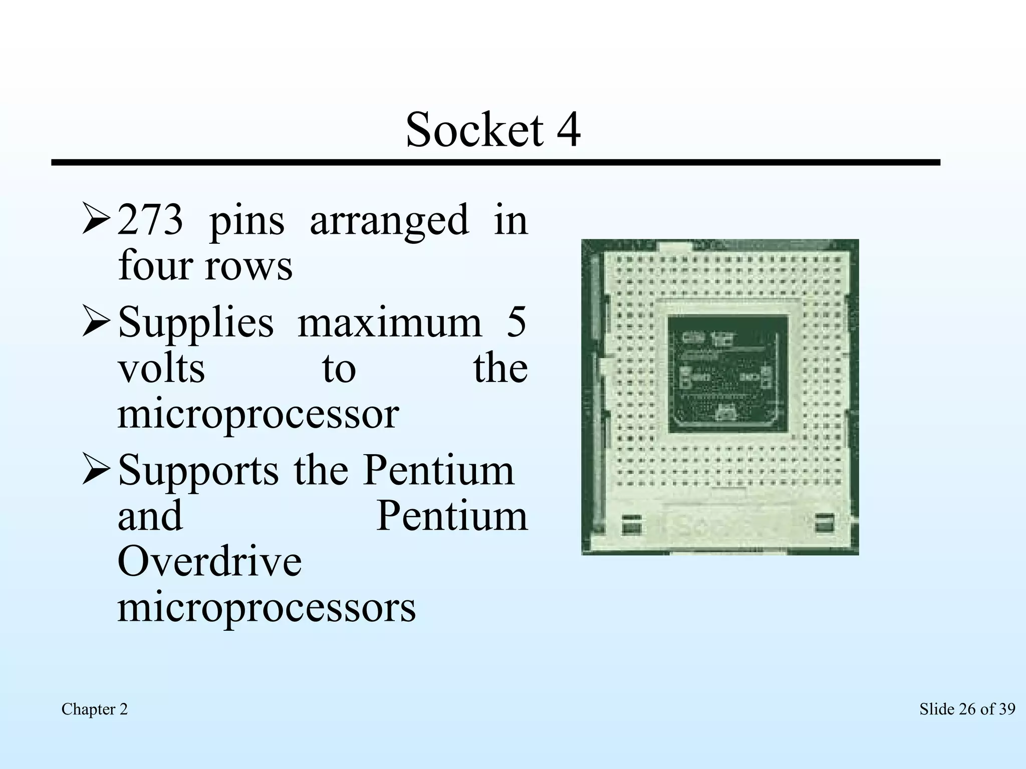 Socket 4 273 pins arranged in four rows Supplies maximum 5 volts to the microprocessor  Supports the Pentium  and Pentium Overdrive microprocessors  