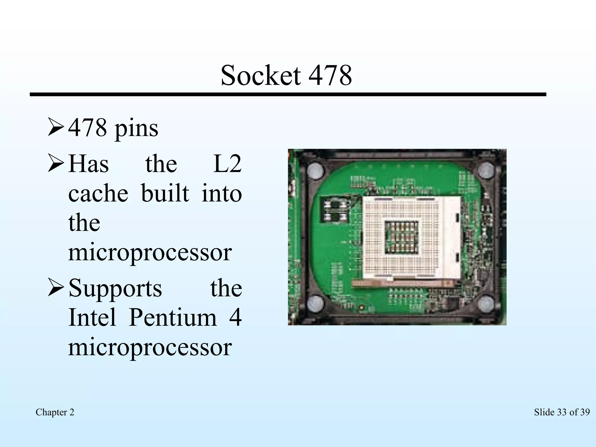Socket 478 478 pins Has the L2 cache built into the microprocessor Supports the Intel Pentium 4 microprocessor  