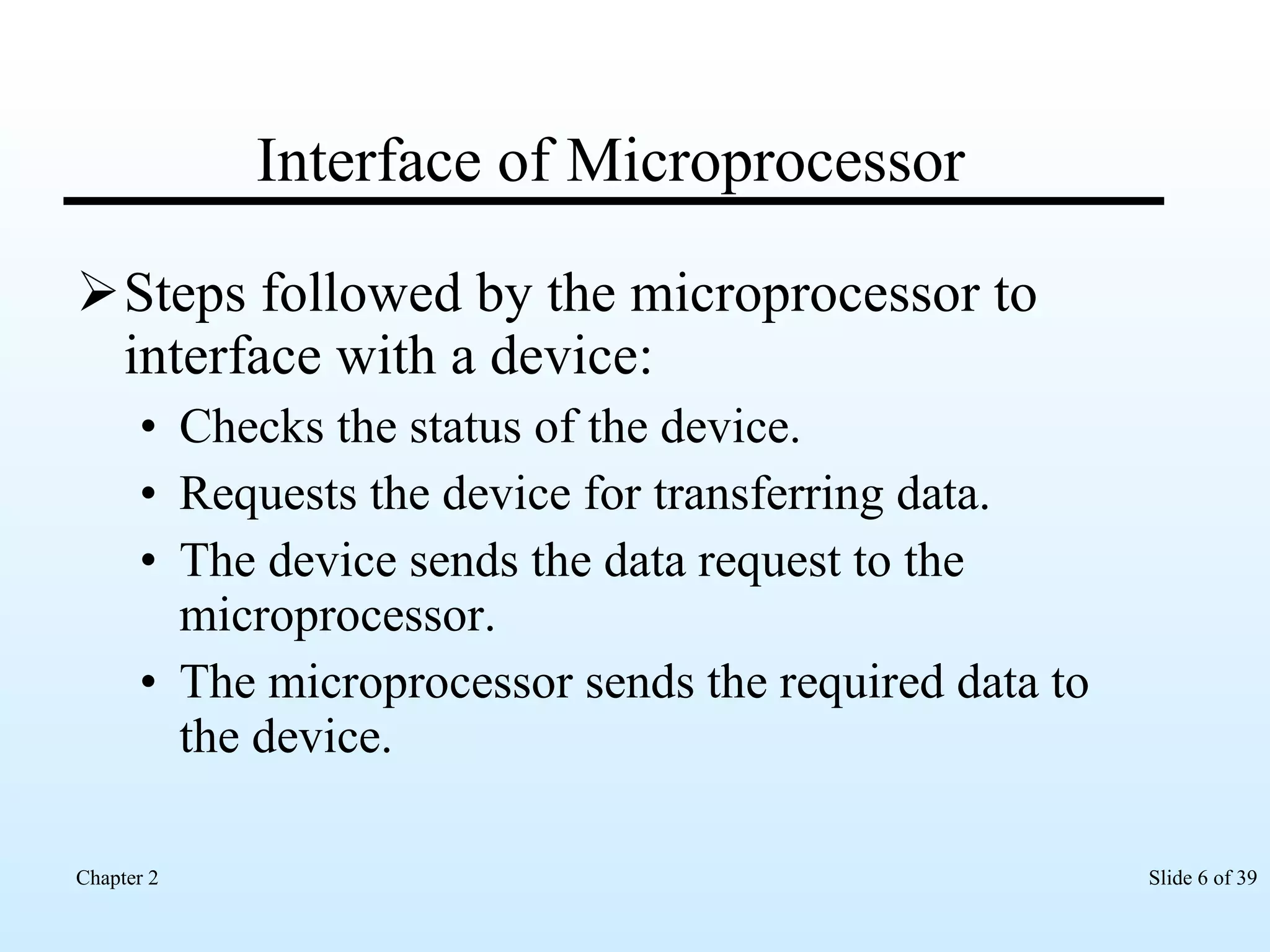 Interface of Microprocessor Steps followed by the microprocessor to interface with a device: Checks the status of the device. Requests the device for transferring data. The device sends the data request to the microprocessor. The microprocessor sends the required data to the device. 
